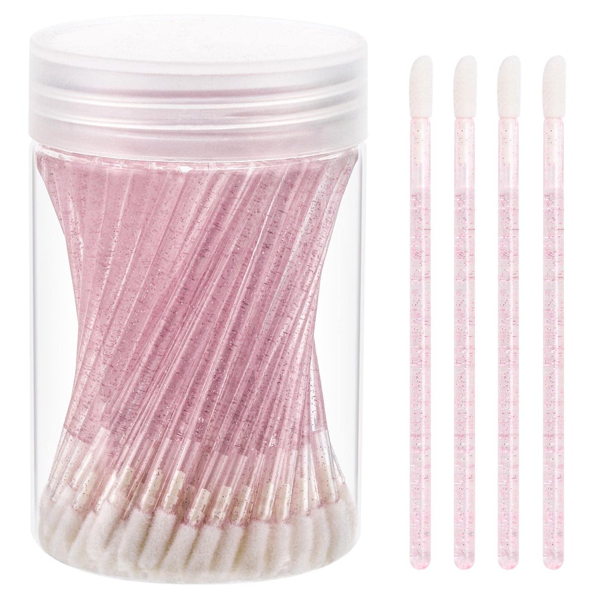 Tbestmax 100 Stück Einweg-Lippenpinsel mit Behälter, Kristallrosa Lippenapplikatoren, Lippenstift- und Lipgloss-Stäbchen