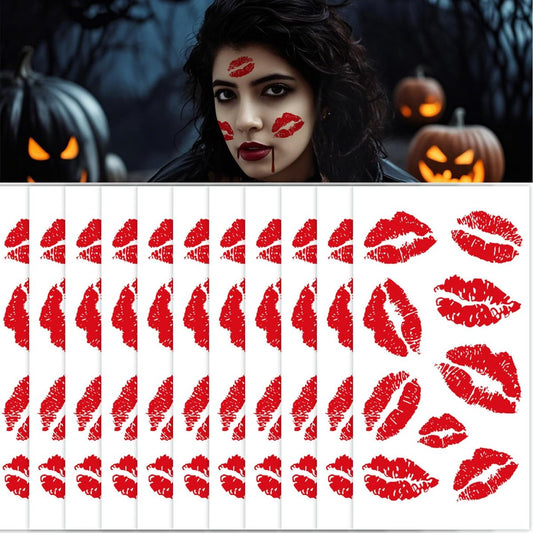 12 Blätter Kuss-Tattoos temporäre Aufkleber, 108 Stück rote Lippenabdruck wasserfeste Fake-Tattoos für Frauen Mädchen Kinder Gesicht Körper Halloween Valentinstag Geschenke, Vampir Make-up, Party-Goodies, Dekorationen