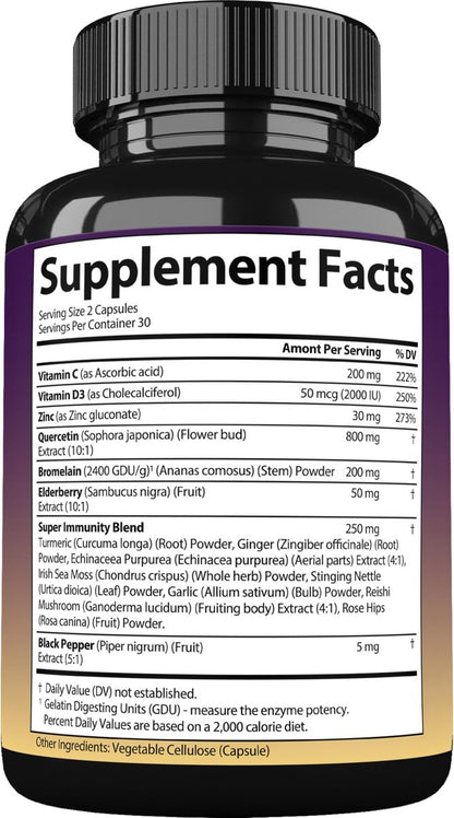 StrongVit Quercetin mit Bromelain, Holunder, Vitamin C, D3 und Zink – Immununterstützung für Männer & Frauen, 60 Kapseln
