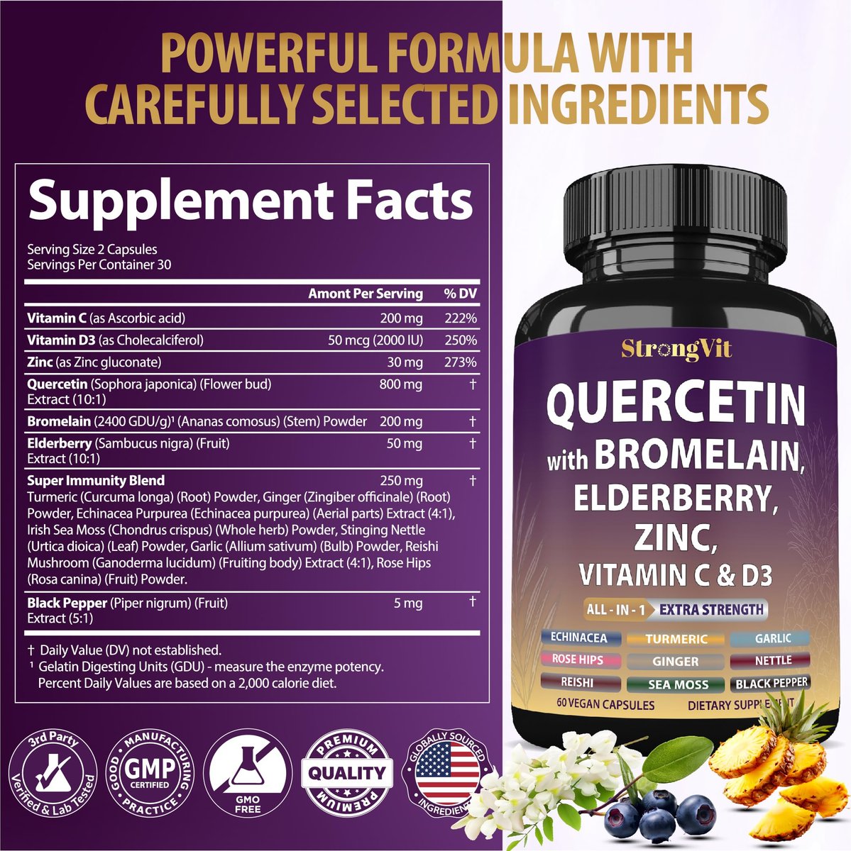 StrongVit Quercetin mit Bromelain, Holunder, Vitamin C, D3 und Zink – Immununterstützung für Männer & Frauen, 60 Kapseln