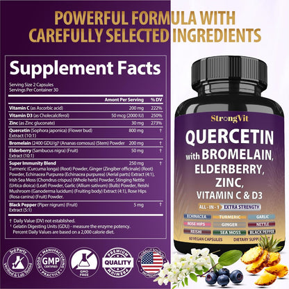 StrongVit Quercetin mit Bromelain, Holunder, Vitamin C, D3 und Zink – Immununterstützung für Männer & Frauen, 60 Kapseln