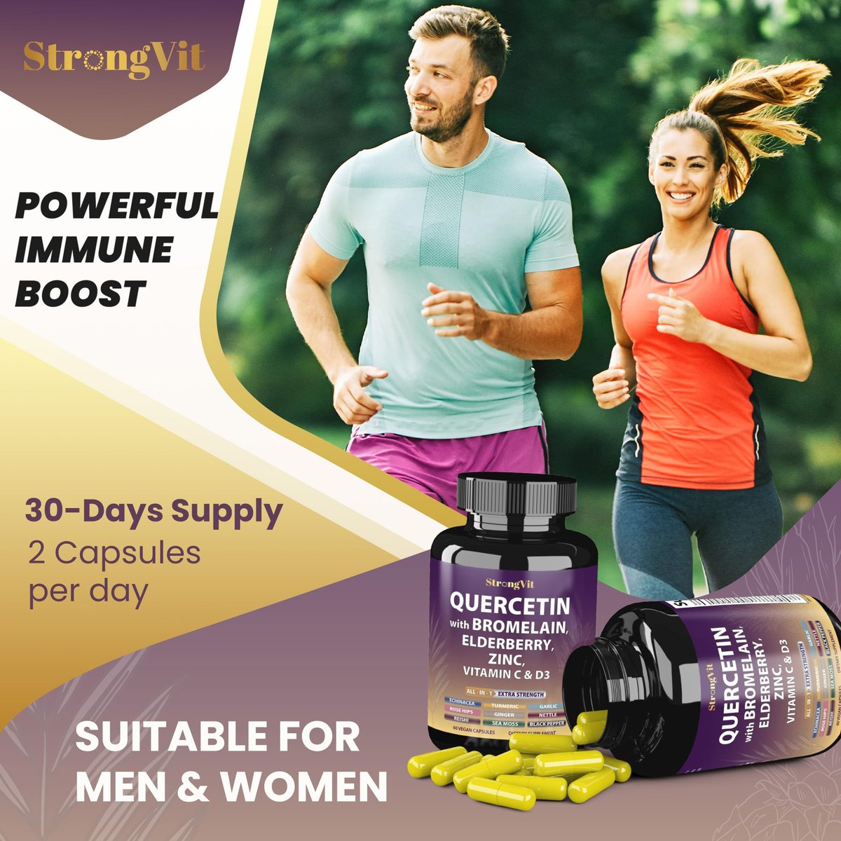 StrongVit Quercetin mit Bromelain, Holunder, Vitamin C, D3 und Zink – Immununterstützung für Männer & Frauen, 60 Kapseln