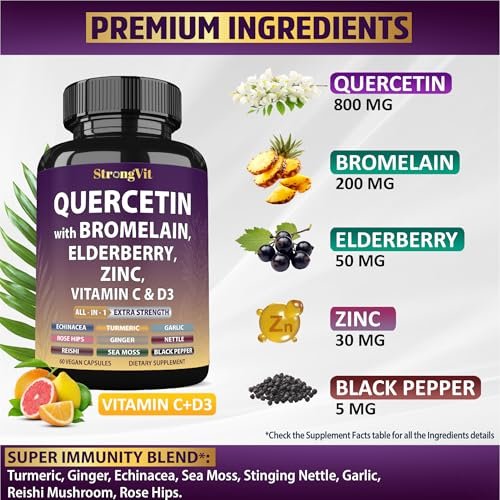 StrongVit Quercetin mit Bromelain, Holunder, Vitamin C, D3 und Zink – Immununterstützung für Männer & Frauen, 60 Kapseln