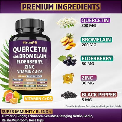 StrongVit Quercetin mit Bromelain, Holunder, Vitamin C, D3 und Zink – Immununterstützung für Männer & Frauen, 60 Kapseln