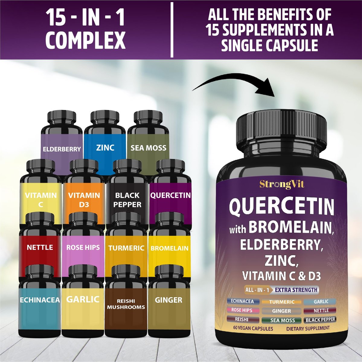 StrongVit Quercetin mit Bromelain, Holunder, Vitamin C, D3 und Zink – Immununterstützung für Männer & Frauen, 60 Kapseln