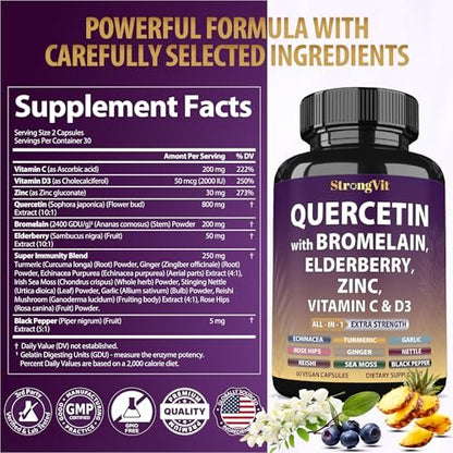 StrongVit Quercetin mit Bromelain, Holunder, Vitamin C, D3 und Zink – Immununterstützung für Männer & Frauen, 60 Kapseln
