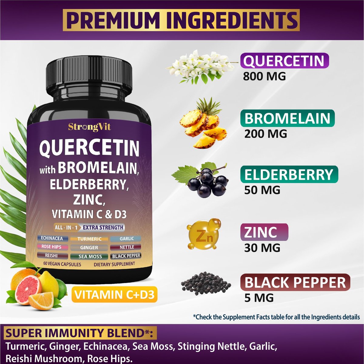 StrongVit Quercetin mit Bromelain, Holunder, Vitamin C, D3 und Zink – Immununterstützung für Männer & Frauen, 60 Kapseln