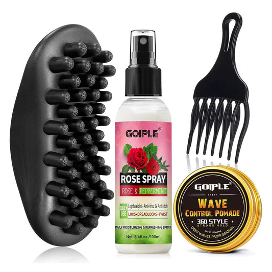 Wave Pomade Twist Sponge Brush Twist Styler Comb für schwarze Männer – Waschbarer Afro Curl Sponge Racket für Friseure & tägliche Anwendung, Ideal für lockiges, gewelltes, 4C-Haar – Haarpickel und Rosenwasserspray-Set