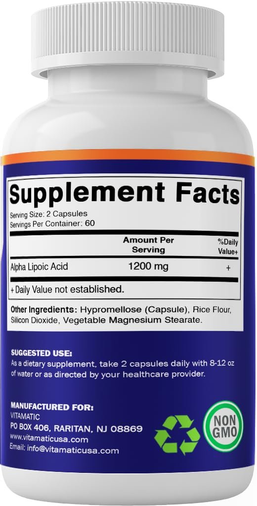Vitamatic Alpha-Liponsäure 1200 mg pro Portion, 120 Kapseln - Glutenfrei, Vegetarisch, Sojafrei & Non-GMO