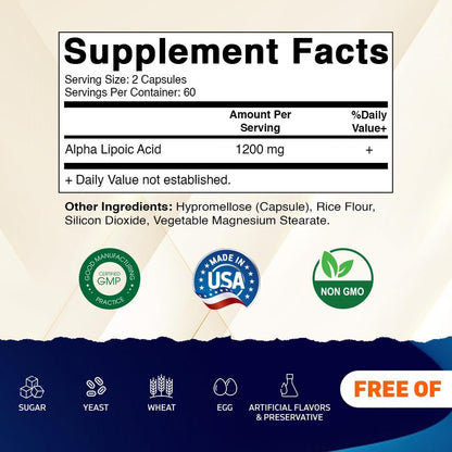 Vitamatic Alpha-Liponsäure 1200 mg pro Portion, 120 Kapseln - Glutenfrei, Vegetarisch, Sojafrei & Non-GMO