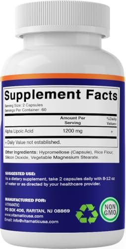 Vitamatic Alpha-Liponsäure 1200 mg pro Portion, 120 Kapseln - Glutenfrei, Vegetarisch, Sojafrei & Non-GMO