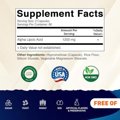 Vitamatic Alpha-Liponsäure 1200 mg pro Portion, 120 Kapseln - Glutenfrei, Vegetarisch, Sojafrei & Non-GMO