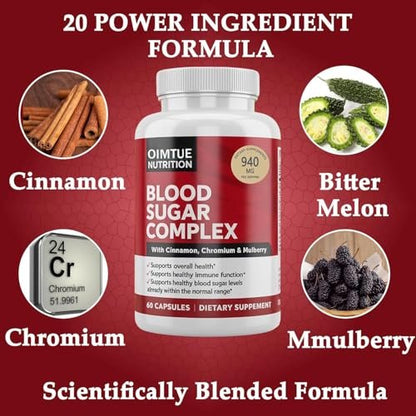OIMTUE Blutzucker Komplex Supplement – Mit Zimt, Chrom & Bittermelone, 20 aktive Inhaltsstoffe, Non-GMO, 60 Kapseln (1 Packung)