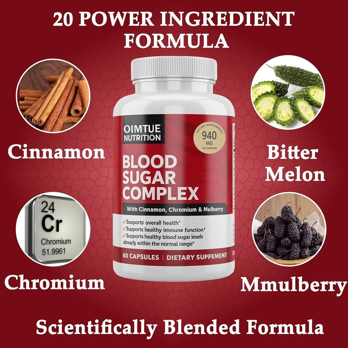 OIMTUE Blutzucker Komplex Supplement – Mit Zimt, Chrom & Bittermelone, 20 aktive Inhaltsstoffe, Non-GMO, 60 Kapseln (1 Packung)