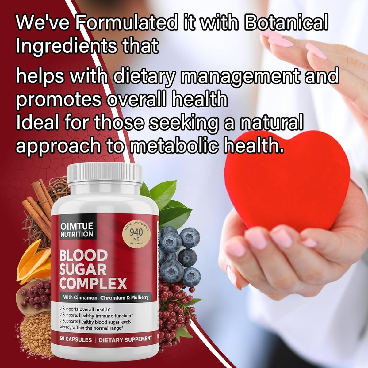 OIMTUE Blutzucker Komplex Supplement – Mit Zimt, Chrom & Bittermelone, 20 aktive Inhaltsstoffe, Non-GMO, 60 Kapseln (1 Packung)