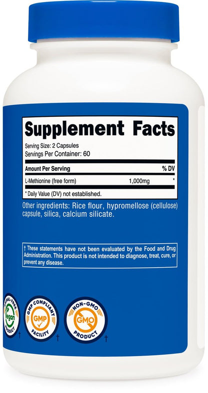 Nutricost L-Methionin (1.000 mg) 120 Kapseln – 60 Portionen, glutenfrei, gentechnikfrei