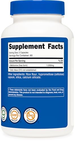 Nutricost L-Methionin (1.000 mg) 120 Kapseln – 60 Portionen, glutenfrei, gentechnikfrei