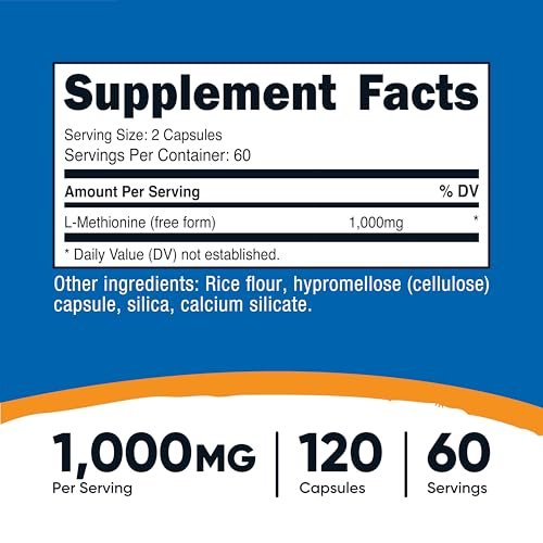 Nutricost L-Methionin (1.000 mg) 120 Kapseln – 60 Portionen, glutenfrei, gentechnikfrei