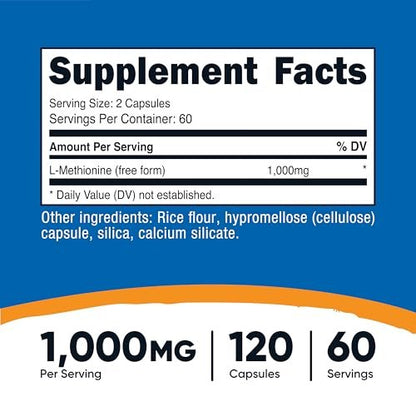 Nutricost L-Methionin (1.000 mg) 120 Kapseln – 60 Portionen, glutenfrei, gentechnikfrei