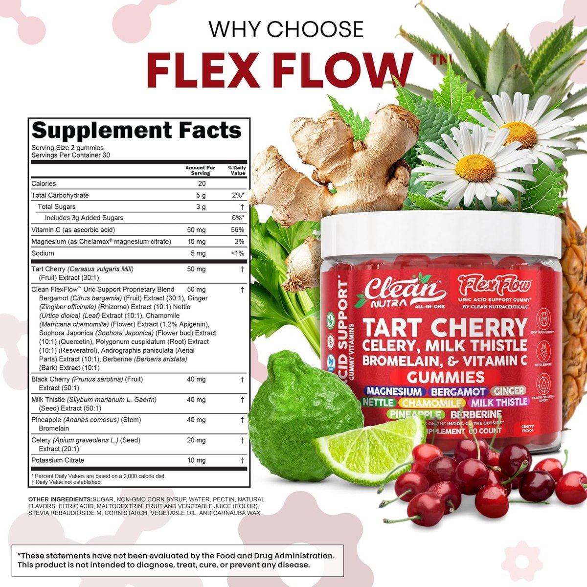 Clean Nutra Sauerkirsch-Gummis mit Harnsäure-Flush: Sellerie, Mariendistel, Bromelain, Vitamin C, Magnesium, Bergamotte, Ingwer, Brennnessel, Kamille, Berberin, Quercetin – 60 vegane Gummis