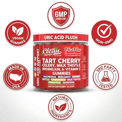 Clean Nutra Sauerkirsch-Gummis mit Harnsäure-Flush: Sellerie, Mariendistel, Bromelain, Vitamin C, Magnesium, Bergamotte, Ingwer, Brennnessel, Kamille, Berberin, Quercetin – 60 vegane Gummis
