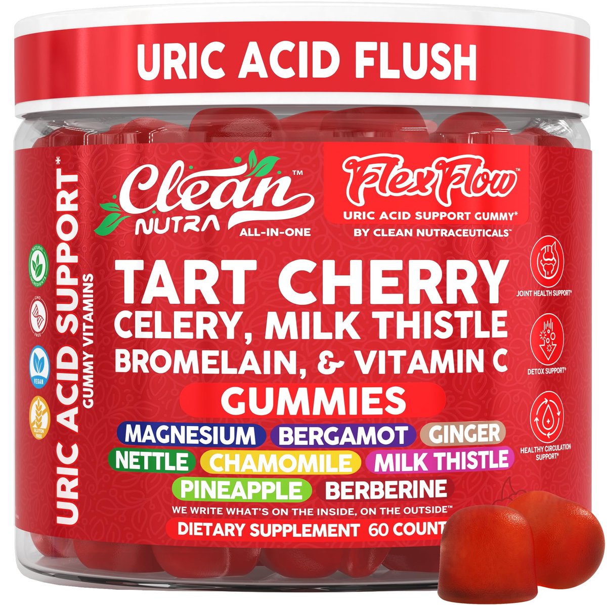 Clean Nutra Sauerkirsch-Gummis mit Harnsäure-Flush: Sellerie, Mariendistel, Bromelain, Vitamin C, Magnesium, Bergamotte, Ingwer, Brennnessel, Kamille, Berberin, Quercetin – 60 vegane Gummis