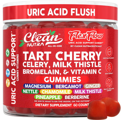 Clean Nutra Sauerkirsch-Gummis mit Harnsäure-Flush: Sellerie, Mariendistel, Bromelain, Vitamin C, Magnesium, Bergamotte, Ingwer, Brennnessel, Kamille, Berberin, Quercetin – 60 vegane Gummis