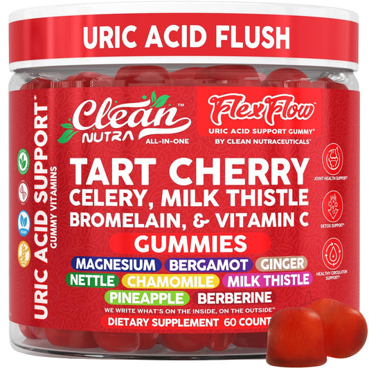 Clean Nutra Sauerkirsch-Gummis mit Harnsäure-Flush: Sellerie, Mariendistel, Bromelain, Vitamin C, Magnesium, Bergamotte, Ingwer, Brennnessel, Kamille, Berberin, Quercetin – 60 vegane Gummis