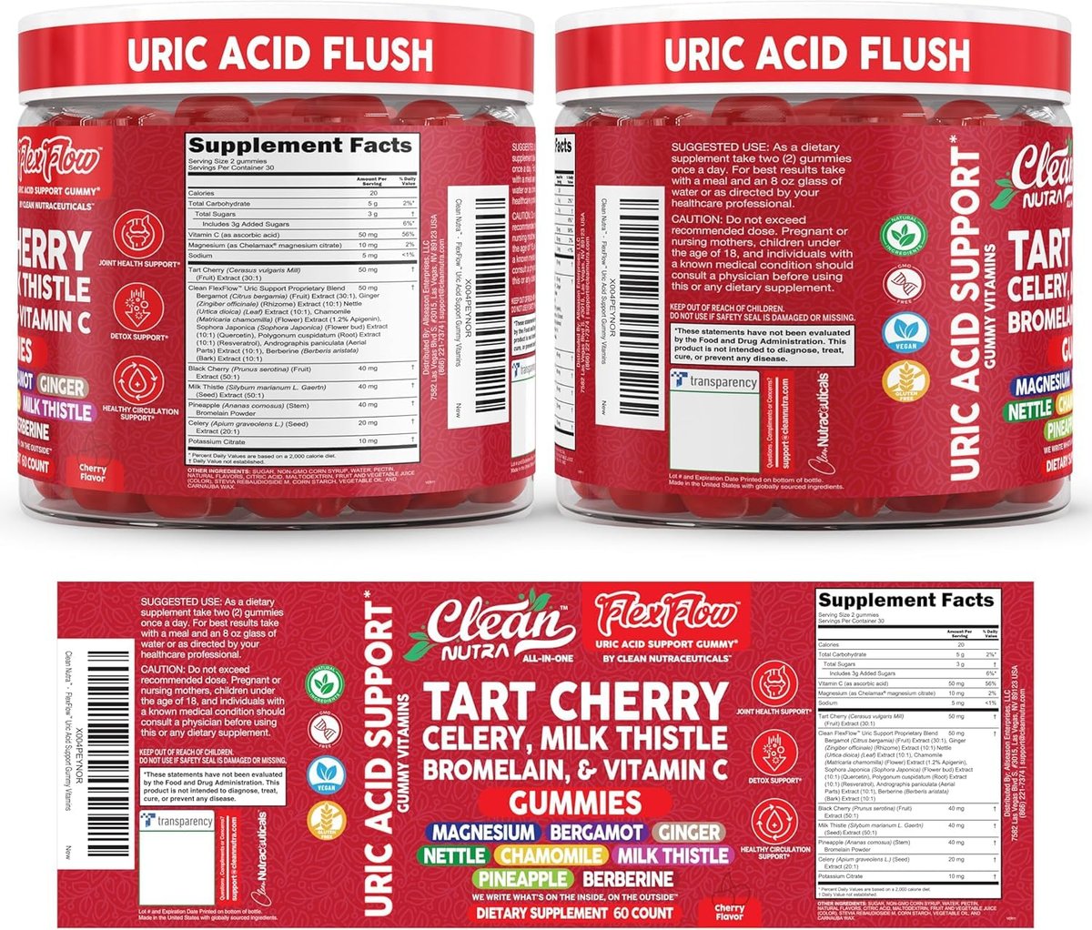 Clean Nutra Sauerkirsch-Gummis mit Harnsäure-Flush: Sellerie, Mariendistel, Bromelain, Vitamin C, Magnesium, Bergamotte, Ingwer, Brennnessel, Kamille, Berberin, Quercetin – 60 vegane Gummis