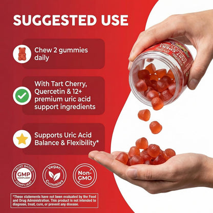 Clean Nutra Sauerkirsch-Gummis mit Harnsäure-Flush: Sellerie, Mariendistel, Bromelain, Vitamin C, Magnesium, Bergamotte, Ingwer, Brennnessel, Kamille, Berberin, Quercetin – 60 vegane Gummis