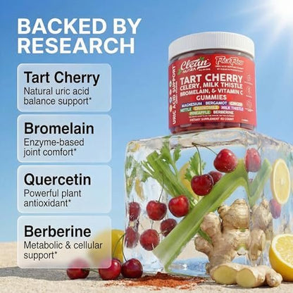 Clean Nutra Sauerkirsch-Gummis mit Harnsäure-Flush: Sellerie, Mariendistel, Bromelain, Vitamin C, Magnesium, Bergamotte, Ingwer, Brennnessel, Kamille, Berberin, Quercetin – 60 vegane Gummis