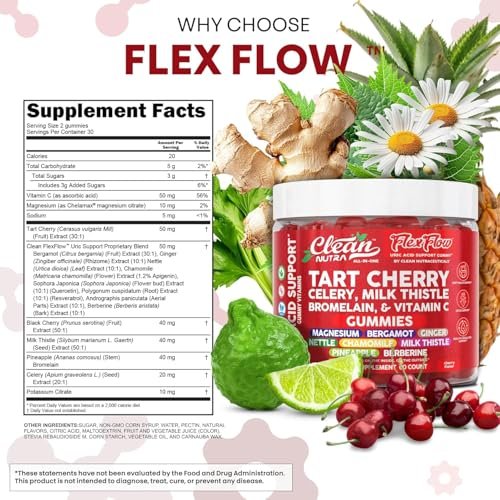 Clean Nutra Sauerkirsch-Gummis mit Harnsäure-Flush: Sellerie, Mariendistel, Bromelain, Vitamin C, Magnesium, Bergamotte, Ingwer, Brennnessel, Kamille, Berberin, Quercetin – 60 vegane Gummis