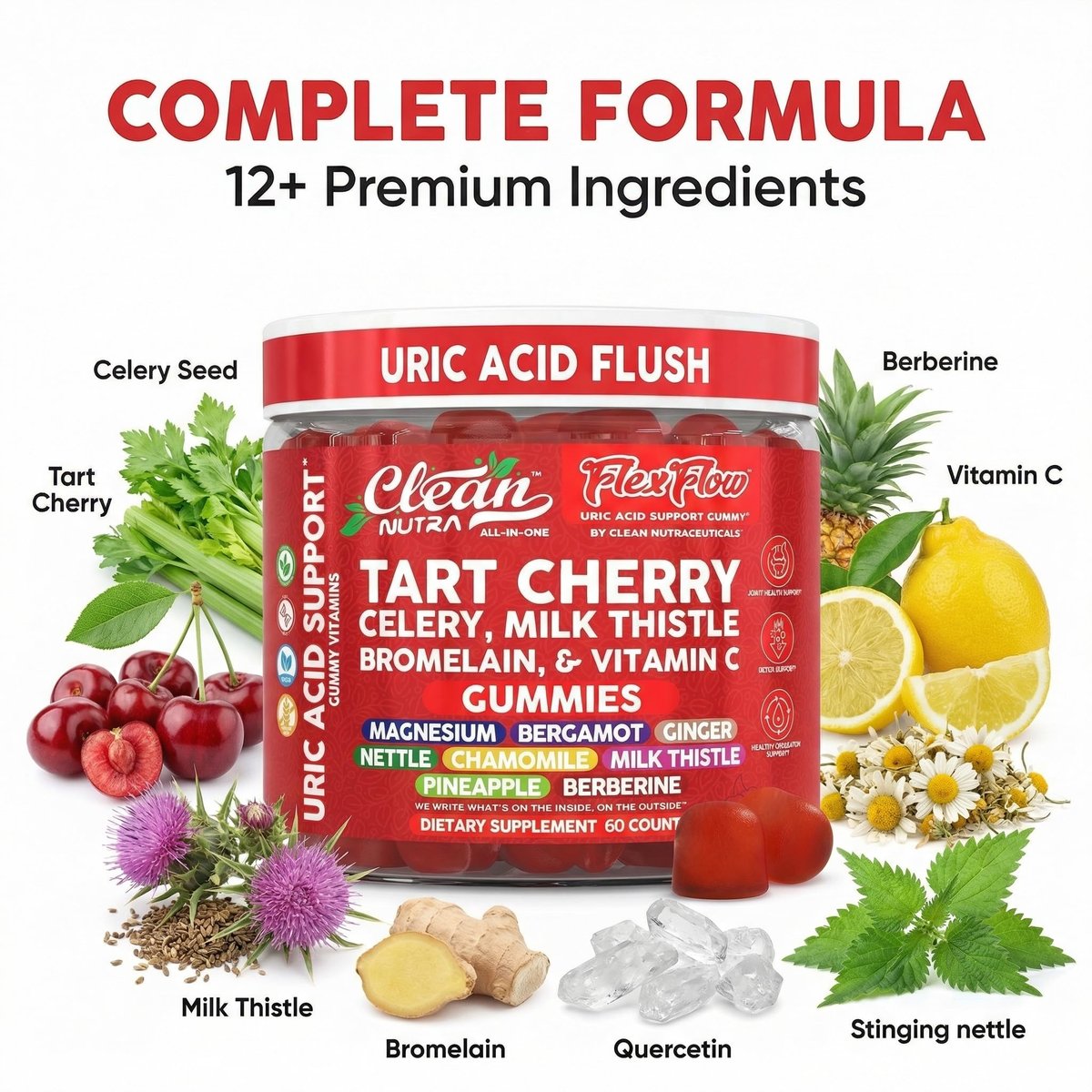 Clean Nutra Sauerkirsch-Gummis mit Harnsäure-Flush: Sellerie, Mariendistel, Bromelain, Vitamin C, Magnesium, Bergamotte, Ingwer, Brennnessel, Kamille, Berberin, Quercetin – 60 vegane Gummis