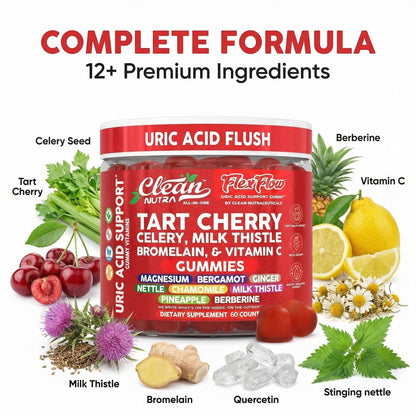 Clean Nutra Sauerkirsch-Gummis mit Harnsäure-Flush: Sellerie, Mariendistel, Bromelain, Vitamin C, Magnesium, Bergamotte, Ingwer, Brennnessel, Kamille, Berberin, Quercetin – 60 vegane Gummis