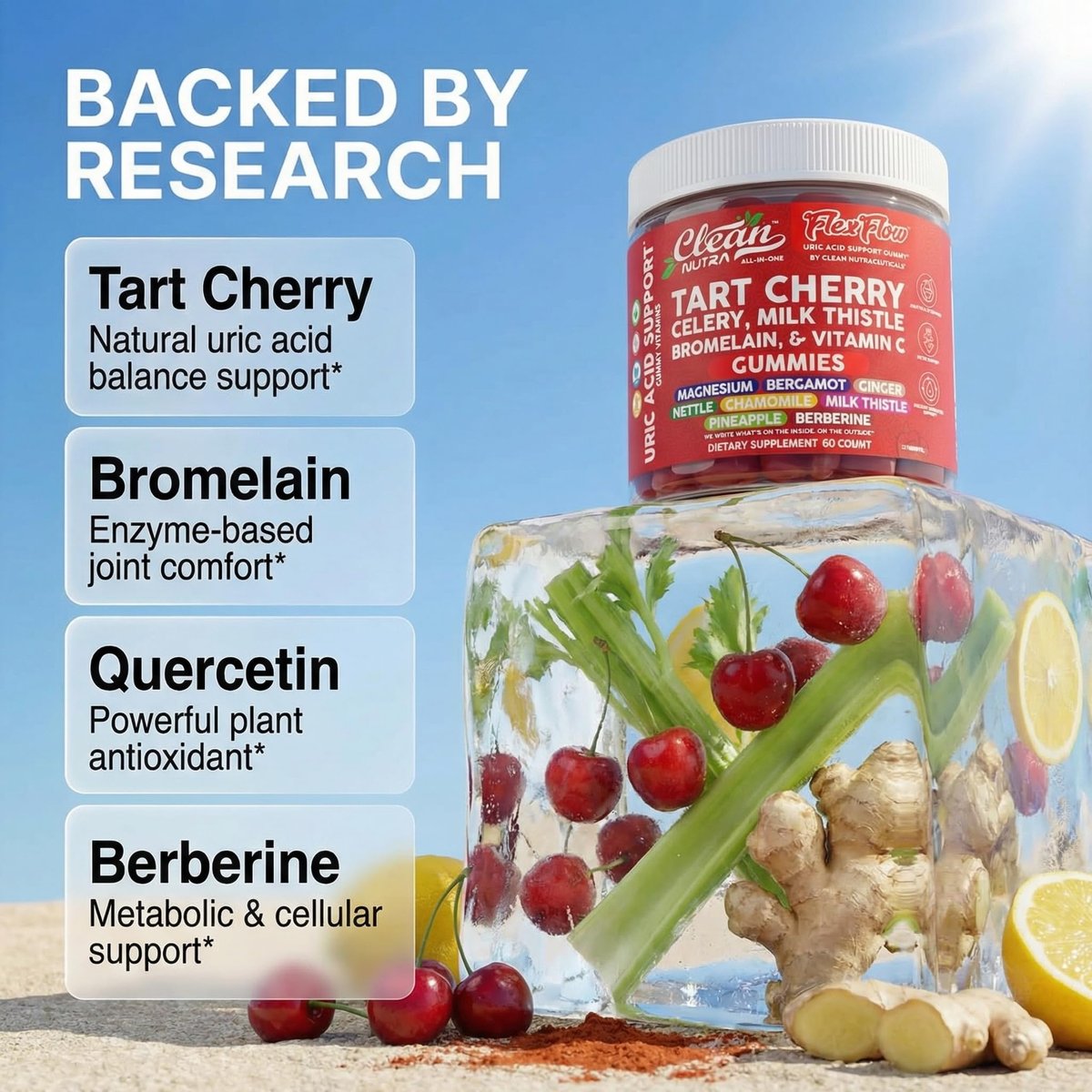 Clean Nutra Sauerkirsch-Gummis mit Harnsäure-Flush: Sellerie, Mariendistel, Bromelain, Vitamin C, Magnesium, Bergamotte, Ingwer, Brennnessel, Kamille, Berberin, Quercetin – 60 vegane Gummis