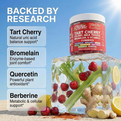 Clean Nutra Sauerkirsch-Gummis mit Harnsäure-Flush: Sellerie, Mariendistel, Bromelain, Vitamin C, Magnesium, Bergamotte, Ingwer, Brennnessel, Kamille, Berberin, Quercetin – 60 vegane Gummis