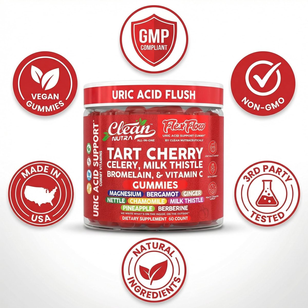 Clean Nutra Sauerkirsch-Gummis mit Harnsäure-Flush: Sellerie, Mariendistel, Bromelain, Vitamin C, Magnesium, Bergamotte, Ingwer, Brennnessel, Kamille, Berberin, Quercetin – 60 vegane Gummis