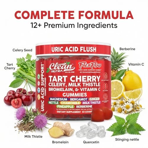 Clean Nutra Sauerkirsch-Gummis mit Harnsäure-Flush: Sellerie, Mariendistel, Bromelain, Vitamin C, Magnesium, Bergamotte, Ingwer, Brennnessel, Kamille, Berberin, Quercetin – 60 vegane Gummis