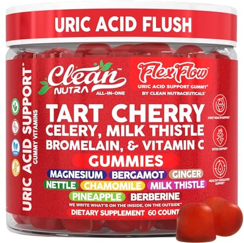Clean Nutra Sauerkirsch-Gummis mit Harnsäure-Flush: Sellerie, Mariendistel, Bromelain, Vitamin C, Magnesium, Bergamotte, Ingwer, Brennnessel, Kamille, Berberin, Quercetin – 60 vegane Gummis