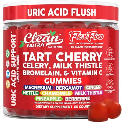Clean Nutra Sauerkirsch-Gummis mit Harnsäure-Flush: Sellerie, Mariendistel, Bromelain, Vitamin C, Magnesium, Bergamotte, Ingwer, Brennnessel, Kamille, Berberin, Quercetin – 60 vegane Gummis