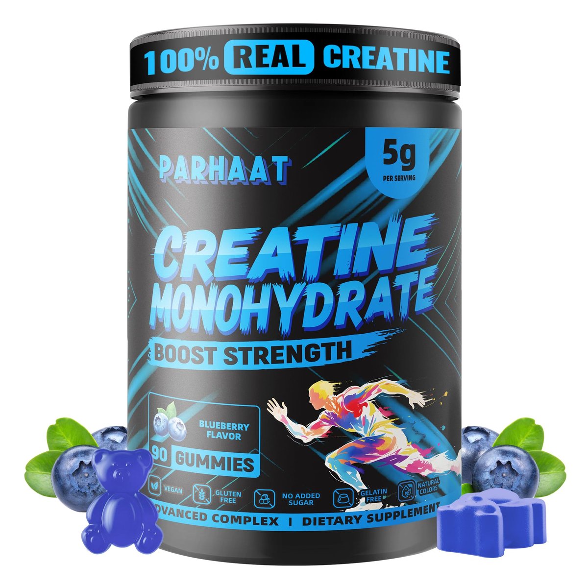 NSF-zertifizierte Creatine Gummis – Creatin-Monohydrat Gummibärchen 5g für Männer & Frauen – Steigert Fokus, Kraft und Ausdauer, vegan, glutenfrei, nicht-GVO, 2,5 g Creatin pro Gummibärchen (Blaubeere 90 Stück)