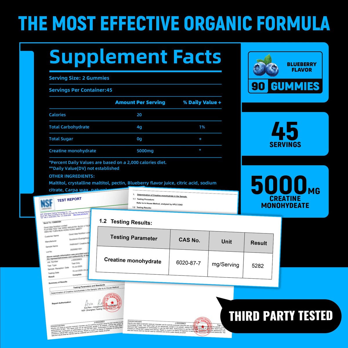 NSF-zertifizierte Creatine Gummis – Creatin-Monohydrat Gummibärchen 5g für Männer & Frauen – Steigert Fokus, Kraft und Ausdauer, vegan, glutenfrei, nicht-GVO, 2,5 g Creatin pro Gummibärchen (Blaubeere 90 Stück)
