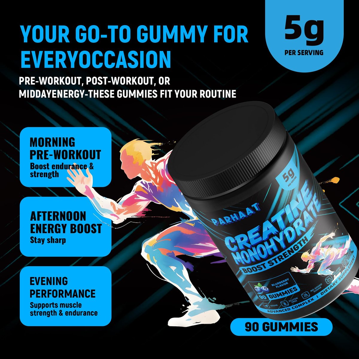 NSF-zertifizierte Creatine Gummis – Creatin-Monohydrat Gummibärchen 5g für Männer & Frauen – Steigert Fokus, Kraft und Ausdauer, vegan, glutenfrei, nicht-GVO, 2,5 g Creatin pro Gummibärchen (Blaubeere 90 Stück)