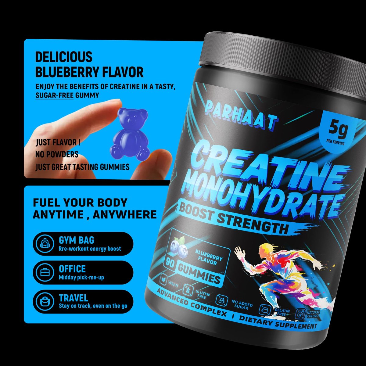 NSF-zertifizierte Creatine Gummis – Creatin-Monohydrat Gummibärchen 5g für Männer & Frauen – Steigert Fokus, Kraft und Ausdauer, vegan, glutenfrei, nicht-GVO, 2,5 g Creatin pro Gummibärchen (Blaubeere 90 Stück)