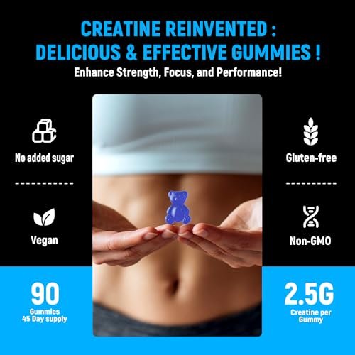 NSF-zertifizierte Creatine Gummis – Creatin-Monohydrat Gummibärchen 5g für Männer & Frauen – Steigert Fokus, Kraft und Ausdauer, vegan, glutenfrei, nicht-GVO, 2,5 g Creatin pro Gummibärchen (Blaubeere 90 Stück)
