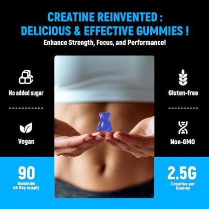 NSF-zertifizierte Creatine Gummis – Creatin-Monohydrat Gummibärchen 5g für Männer & Frauen – Steigert Fokus, Kraft und Ausdauer, vegan, glutenfrei, nicht-GVO, 2,5 g Creatin pro Gummibärchen (Blaubeere 90 Stück)