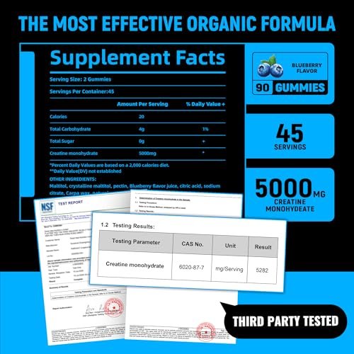 NSF-zertifizierte Creatine Gummis – Creatin-Monohydrat Gummibärchen 5g für Männer & Frauen – Steigert Fokus, Kraft und Ausdauer, vegan, glutenfrei, nicht-GVO, 2,5 g Creatin pro Gummibärchen (Blaubeere 90 Stück)