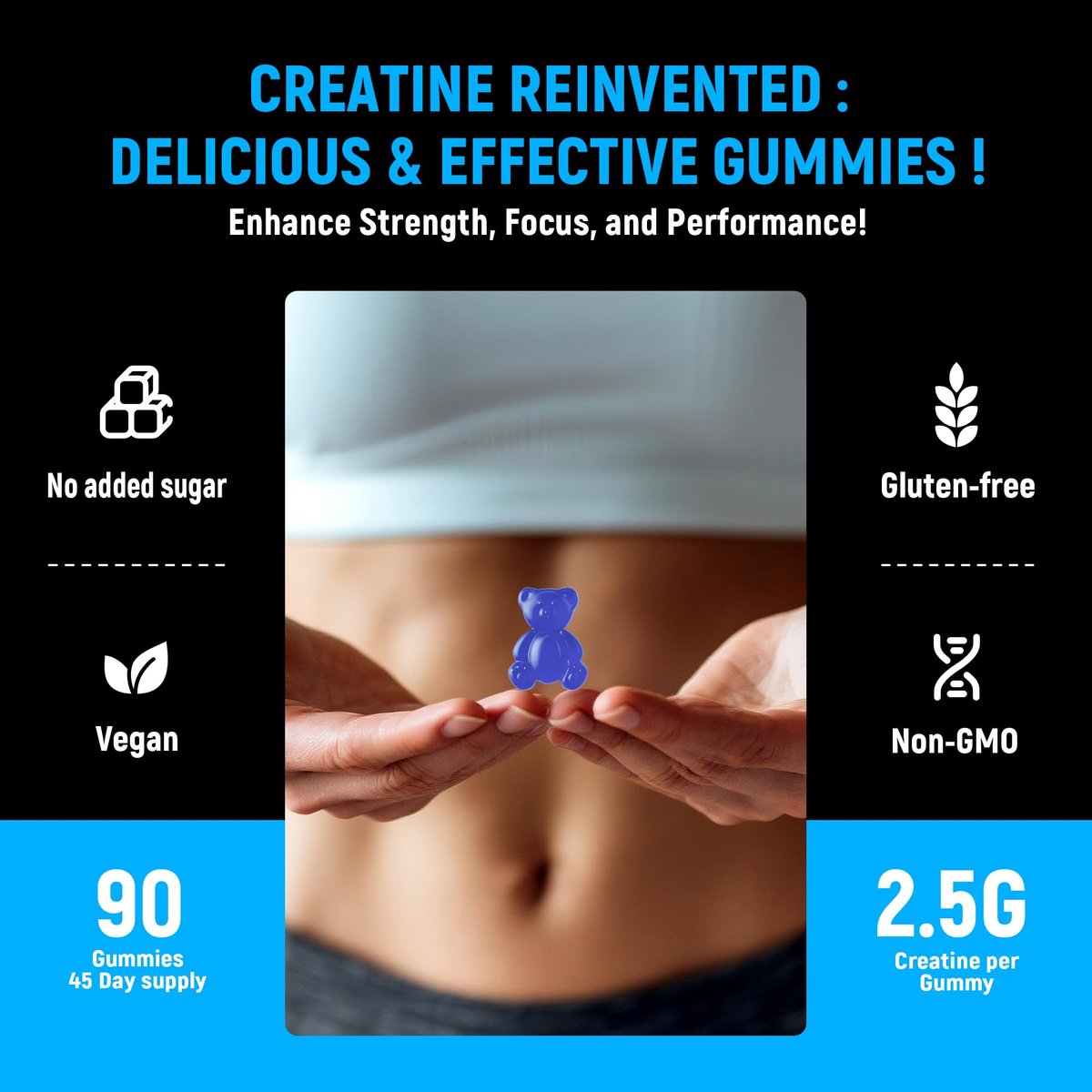 NSF-zertifizierte Creatine Gummis – Creatin-Monohydrat Gummibärchen 5g für Männer & Frauen – Steigert Fokus, Kraft und Ausdauer, vegan, glutenfrei, nicht-GVO, 2,5 g Creatin pro Gummibärchen (Blaubeere 90 Stück)