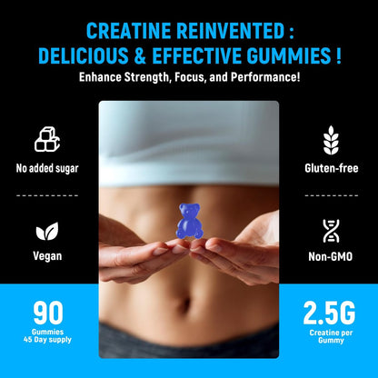 NSF-zertifizierte Creatine Gummis – Creatin-Monohydrat Gummibärchen 5g für Männer & Frauen – Steigert Fokus, Kraft und Ausdauer, vegan, glutenfrei, nicht-GVO, 2,5 g Creatin pro Gummibärchen (Blaubeere 90 Stück)
