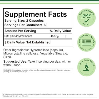 DIM Supplement für Frauen und Männer (Diindolylmethan Estrogen-Blocker, Hormonelle Aknebehandlung, Hormonbalance) 400 mg Portionen, 200 mg pro Kapsel, 120 Kapseln von Double Wood
